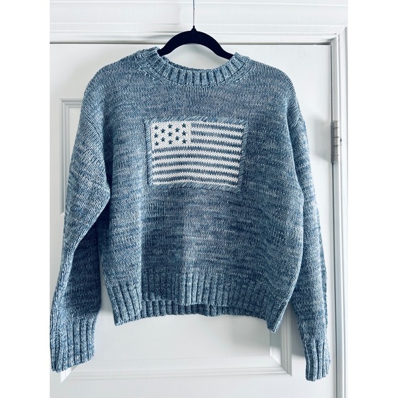 Marled Sweaters - Womens Blue Marled American Flag Cotton Chunky Knit Crewneck Sweater Patriotic
